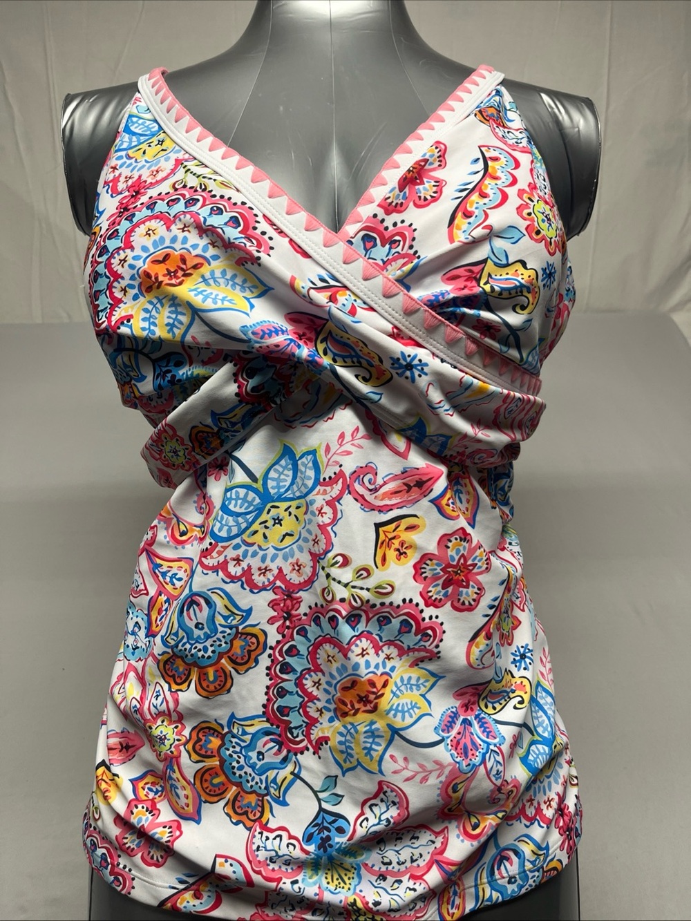 Women’s Floral Surplice Tankini Top - White with Pink & Multicolor Print